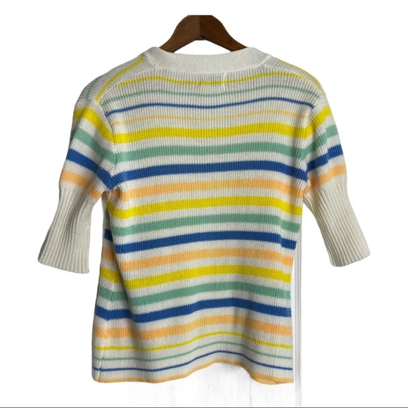 Vintage Knit Open Front Cardigan Pockets Pastel Stripes White Yellow Blue - Picture 7 of 9